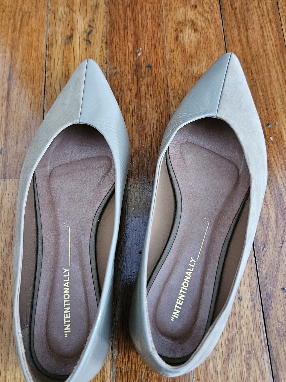 INTENTIONALLY BLANK Women's Pointed Toe Flats in Two Tone Sage, Patent And Suede